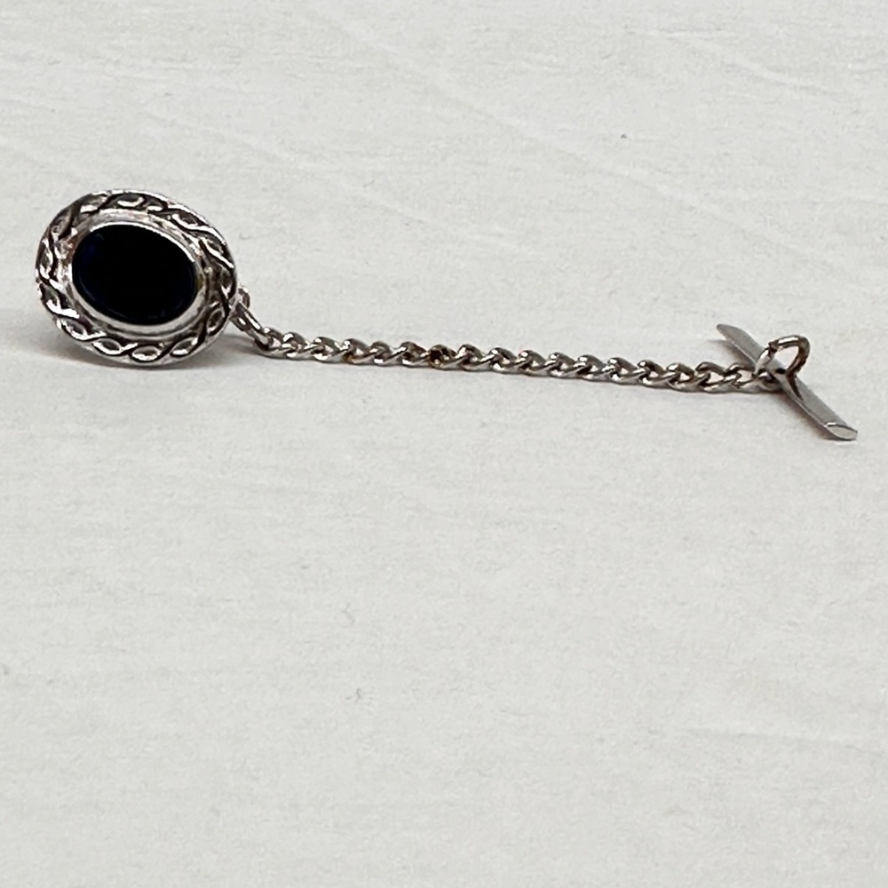 Vintage Silver Tone Celtic Pattern Tie Tack w/Blue Faux Stone